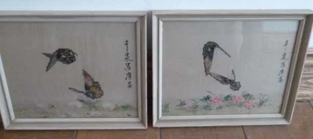 Pair Of Flower & Butterfly Chinese Watercolour Ink Paintings Vg Condition