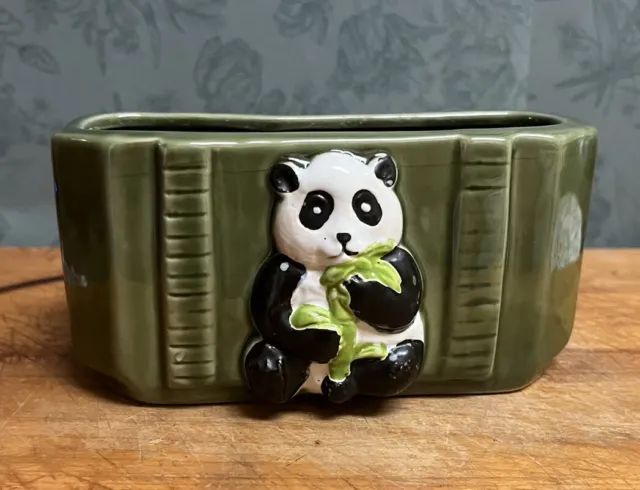 Vintage Bamboo Planter Panda Bear Ceramic Panda Cache Pot