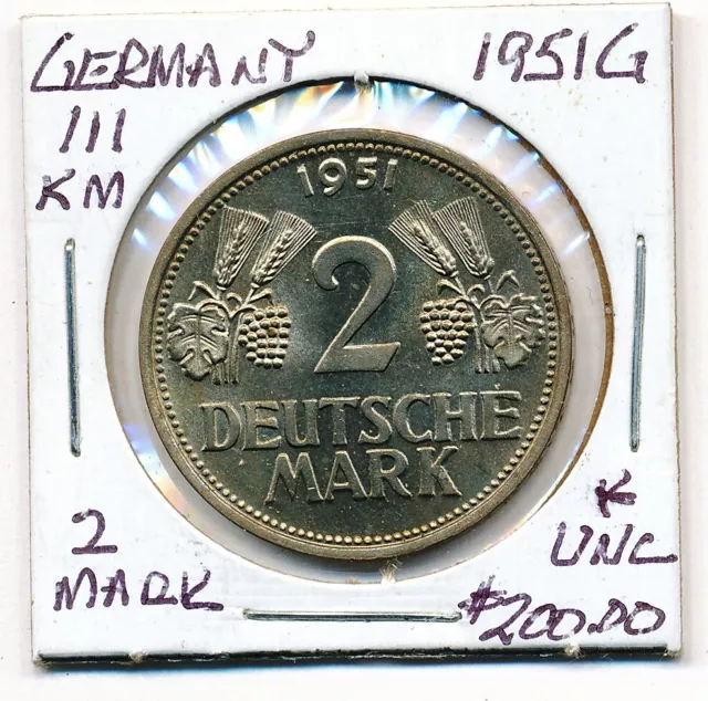 1951 G Germany 2 Mark Coin Uncirculated