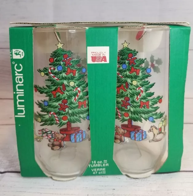 Luminarc Noel Christmas Tree Gifts Set 4 Glass Tumblers 16 oz New Vintage Stock