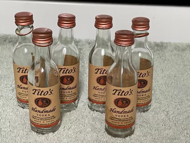 Lot Of (6) Empty 50 Ml Tito's Vodka Glass Mini Bottles With Caps