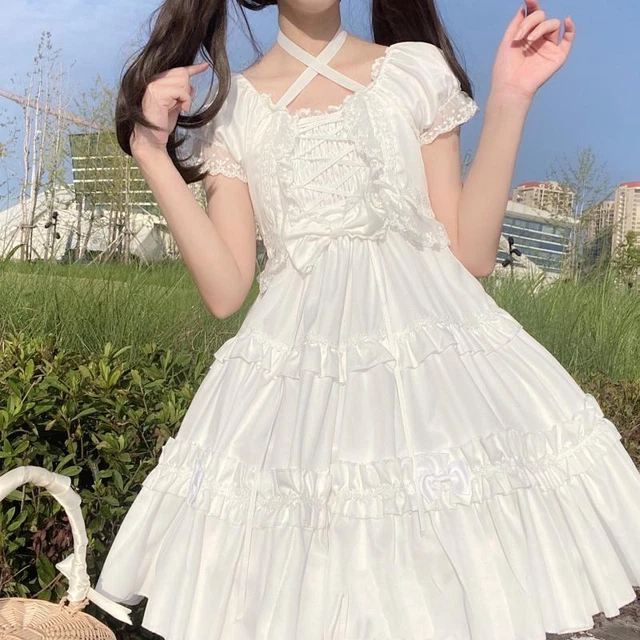 Donna Ragazza Abito Lolita Corto a Balze Puff Maniche Fascia Gotico Dolce Carino