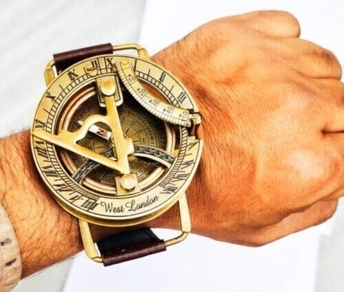 Fantastic Brass Retro Sundial Compass Wrist Watch Leather Bracelet Christmas gft