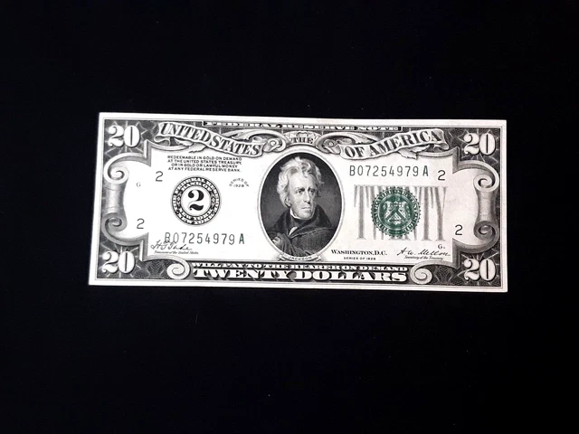 1928 $20 Federal Reserve Note “REDEEMABLE IN GOLD” NEW YORK STRONG AU++.     #13