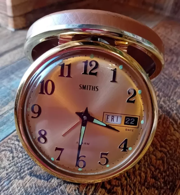 Vintage Smiths Travel Compact Alarm Clock Leatherette Case Gold Colour Clock