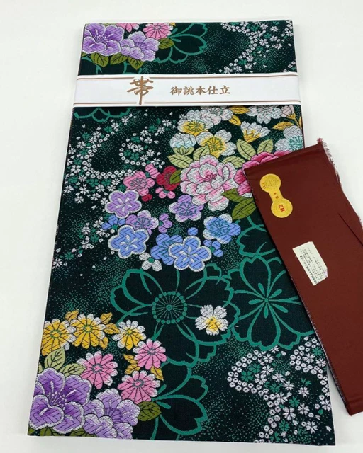 UNUSED Furisode Kimono Pure Silk Obi Belt Nishijin Ori Green Black Japan