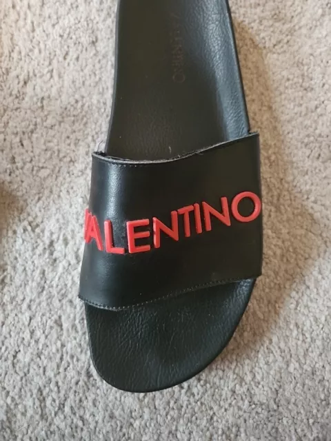 VALENTINO BY MARIO Black/Red Leather Logo Slide Sandals Men Size Us13 ...