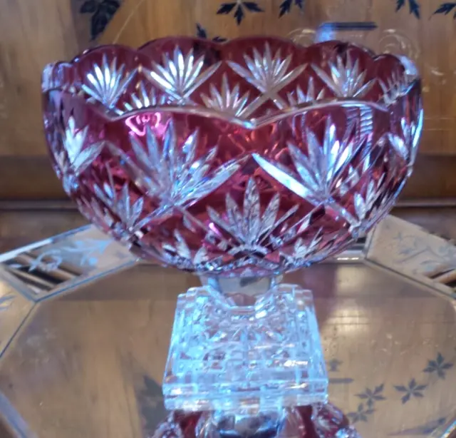 Bohemian Crystal Cranberry Cut To Clear Bowl Compote 9"X9" 3