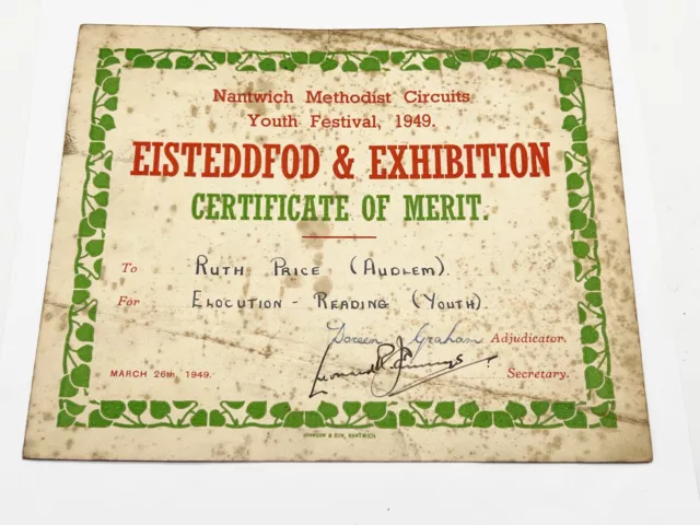 Vintage Nantwich Methodist Circuits 1949 - Eisteddfod Certificate Of Merit 1949