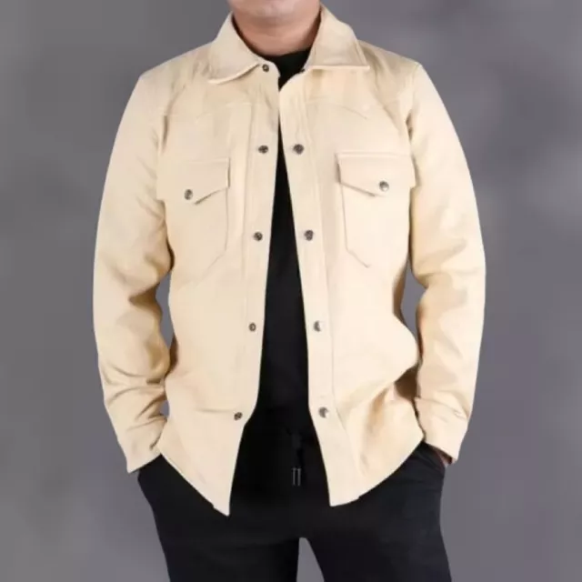 Formal Handmade Stylish Casual Classic Cream Men Shirt Genuine Leather Lambskin