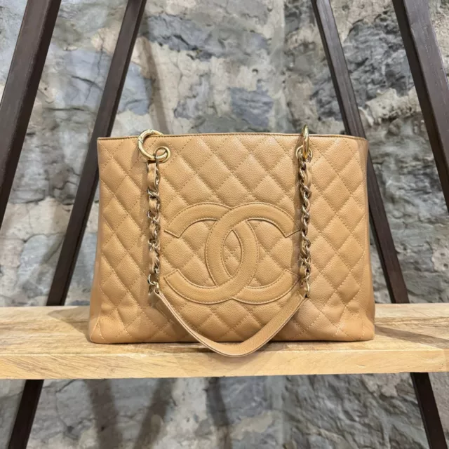 ❤CHANEL ❤BEIGE CAVIAR Leather ❤Grand Shopping Tote Handbag