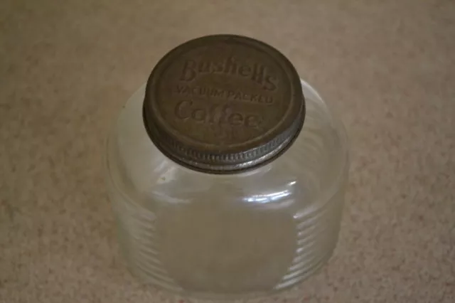 Vintage Ribbed Glass Bushells Coffee Jar-Embossed To Base  & Lid  Small