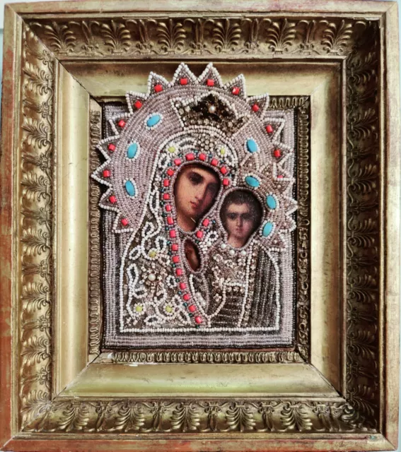 Antique 19C Hand Painted Russian Icon Kazanskaya Mother Of God & Pearls & Frame