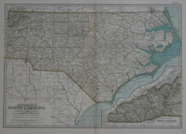 Original 1897 Map NORTH CAROLINA Asheville Charlotte Raleigh Cape Hatteras Boone