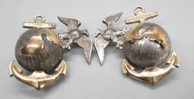 WWII 10K Gold & Sterling USMC Marine Officer EGA Collar Set by H&H - GREAT SHAPE