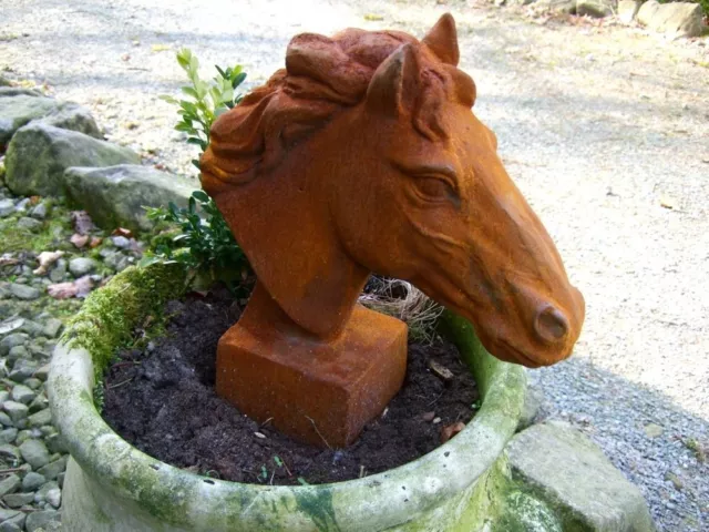 Pferdekopf Skulptur für Pfosten und Mauerpfeiler Gartendeko Pferd  Eisen-Rost