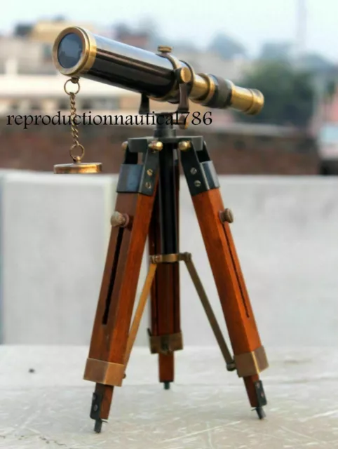 Nautical Design Antique Brass Spyglass Telescope With Wooden Tripod Marine Scope