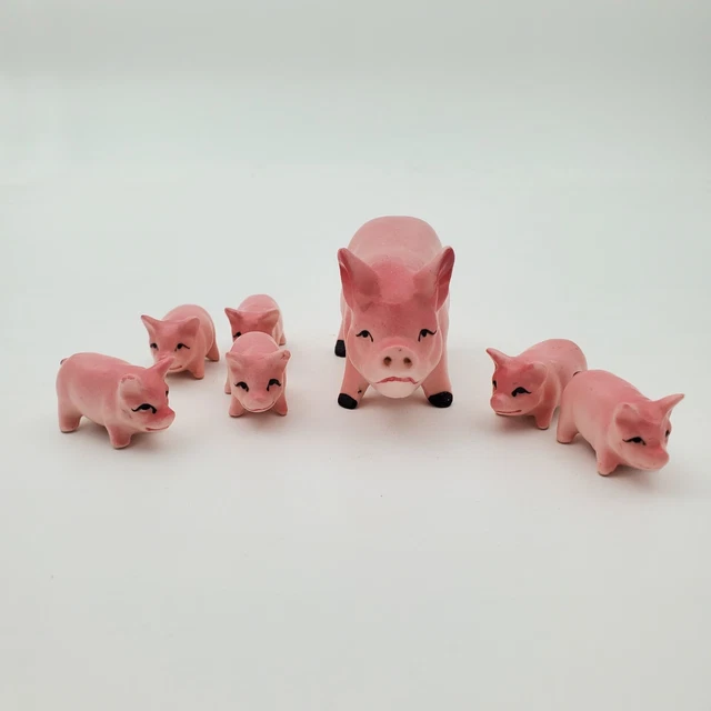 Vintage Ceramic Momma Pig and 6 Piglet Set Japan Pink Pigs and Piglets set of 7