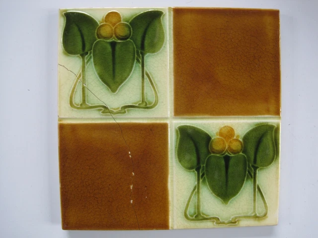 Antique Art Nouveau Pilkingtons Tile - Quartered Leaves And Berries - Repaired