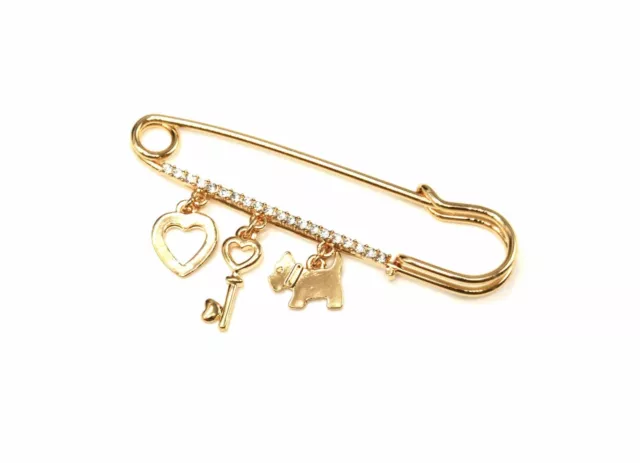 BR237E - Broche Epingle Métal Strass Doré avec Multi-Charms Coeur, Clé et Chien