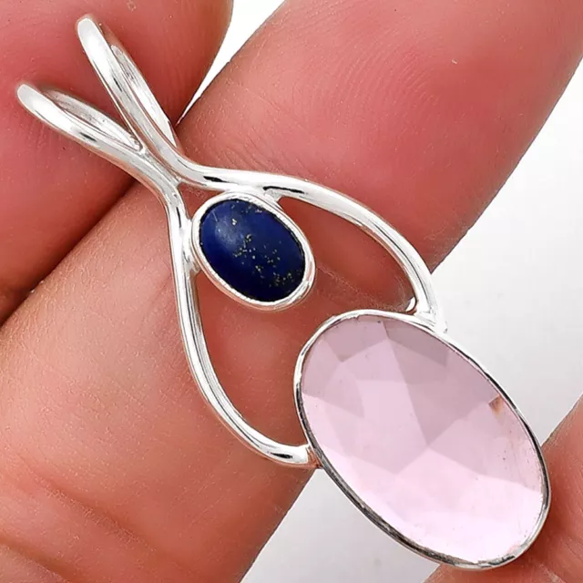 Faceted Rose Quartz & Lapis Lazuli 925 Sterling Silver Pendant Jewelry P-1038