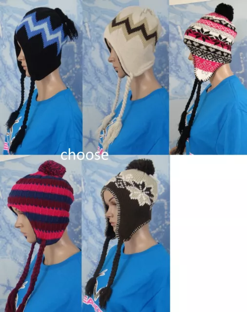 geo print pom pom or twist top braid side ties beanie hat, o/s-choose color