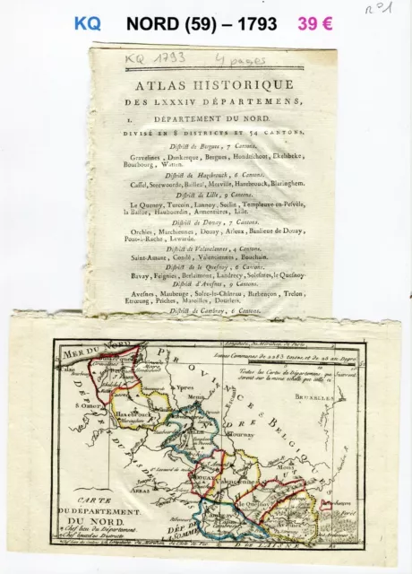 Dépt 59 - XVIII ème Siècle Belle Carte Gravure sur Cuivre Aquarellée de 1793