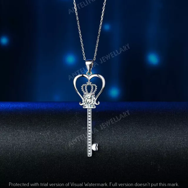 1 Ct Round Cut Diamond Key With Crown Pendant 14K White Gold Over 18" Free Chain