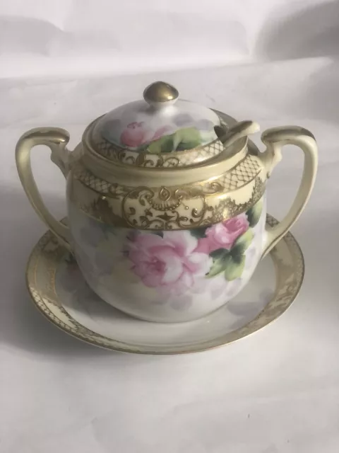 Noritake-Morimura-hand painted sugar bowl w/ dish , lid and spoon - Rose antique