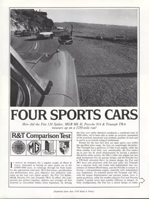 Road & Track Article Reprint from June 1970 Four Sports Cars, Fiat, Porsche, MGB