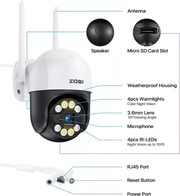 ZOSI Wireless WIFI IP Security Camera 3MP CCTV Home Outdoor Color Night Vision 2