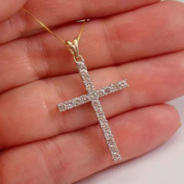 1 Ct Round Cut Real Moissanite Cross Pendant Chain 14K Yellow Gold Plated Silver