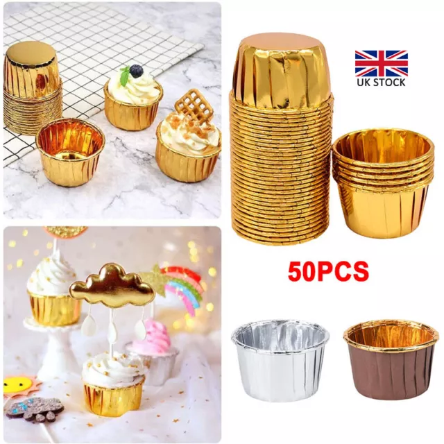 50pcs/Set Aluminum Foil Paper Cupcake Cases Muffin Baking Oil Proof Cup Cake UK