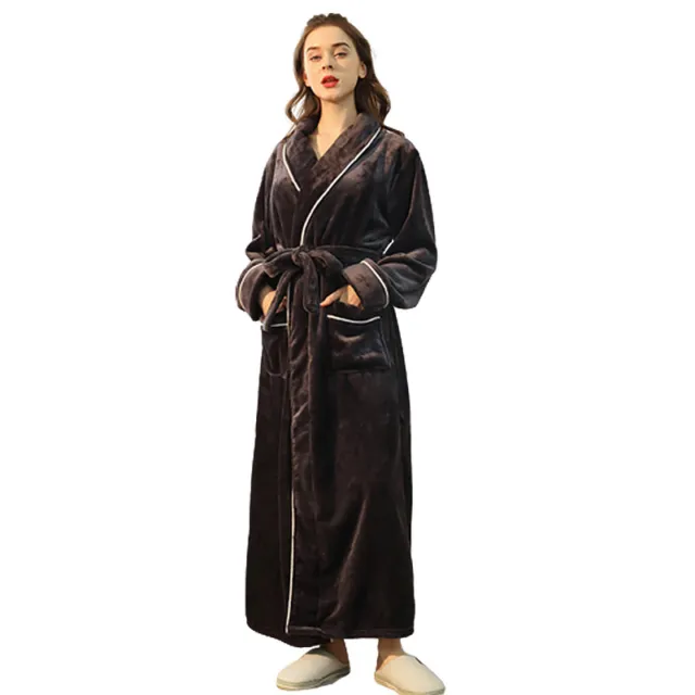 Dressing Gown Fleece Robe Long Sleepwear Unisex Winter Warm BathRobe Women Men M