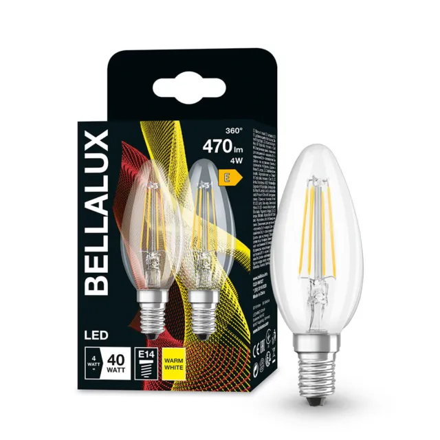 2 x Bellalux LED Filament Leuchtmittel Kerzen 4W = 40W E14 klar 470lm warmweiß