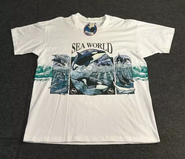 Vintage Sea World San Segal XCII Orca Shamu Dolphin White SS Shirt Large NWT