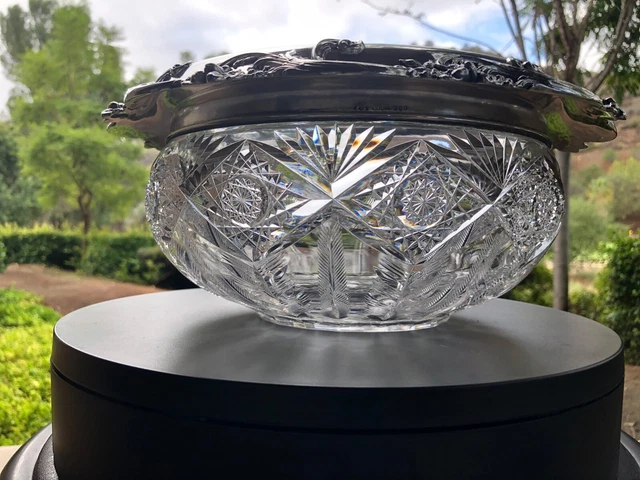 AMERICAN BRILLIANT cut glass bowl. Rare "Queens" pattern Sinclaire. Sterling. 13