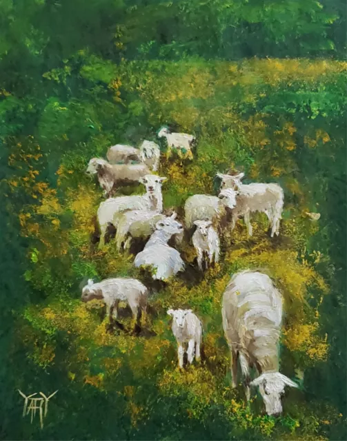 YARY DLUHOS Sheep Scotland Green Grass Grazing Animals Original Art Oil Painting