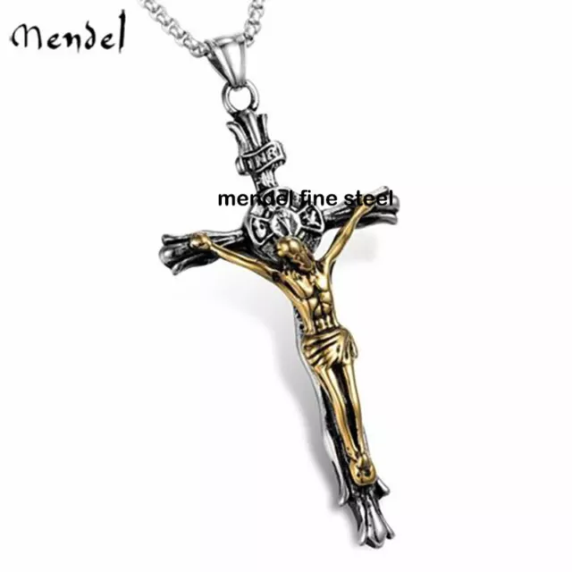 MENDEL Large Big Mens Gold Plated Catholic Jesus Crucifix Cross Necklace Pendant