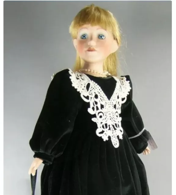 #77 Brinns 1998 ♡ 20" Bisque Doll Blonde Hair Blue Eyes ♡Long Black Velvet Dress