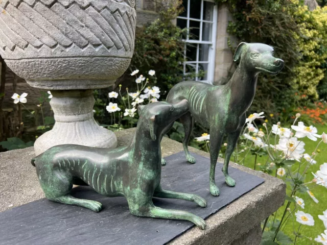 A Pair of Vintage Bronze Greyhounds/Whippet Dogs Sitting & Standing 30cm & 20cm