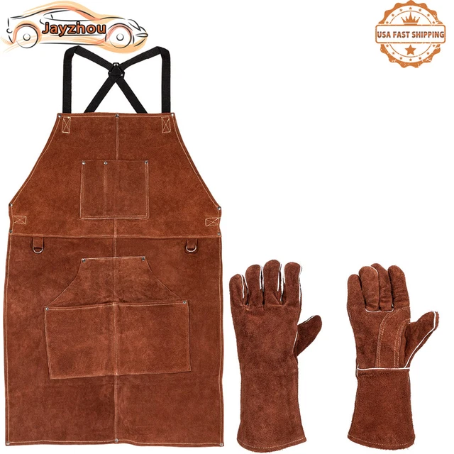 Welding Gloves + Leather Work Shop Welding Apron for Welders, blacksmiths