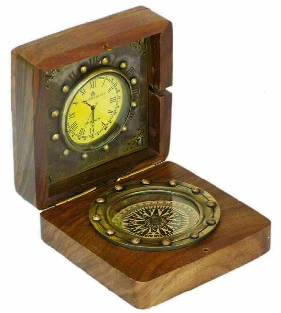 Orologio da tavolo con bussola in legno nautico Scatola di direzione in...