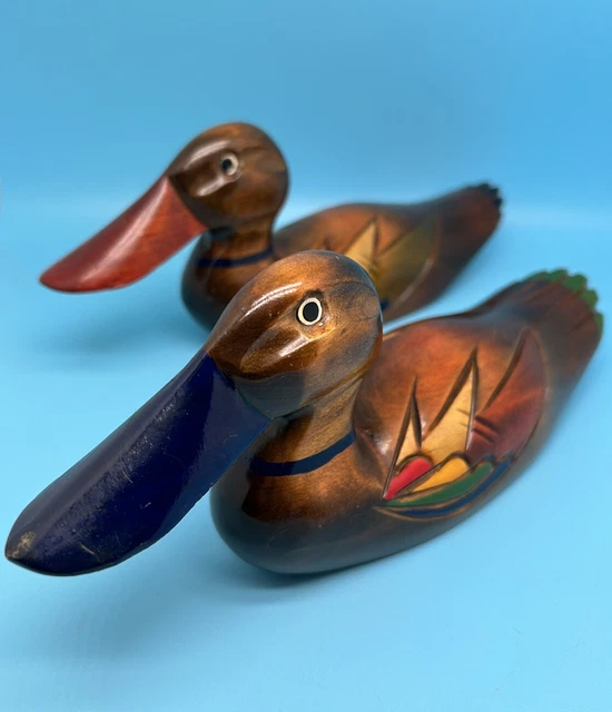 Vintage Wooden Ducks Hand Carved Hand Painted Decoy / Figurine Decor Folk Art