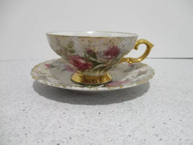 Vintage Pink Roses Porcelain Gold Flecked, Lusterware Tea Cup & Saucer, Japan