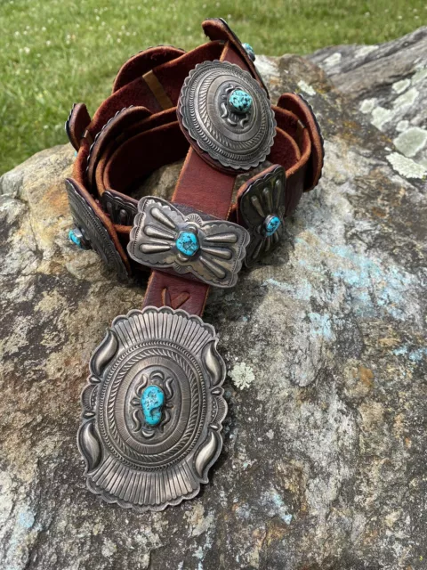 Navajo Artist Eugene Charley Large Sterling Silver And Turquoise Concho Belt Navajo Artist Eugene Charley Large Sterling Silver And Turquoise Concho Belt