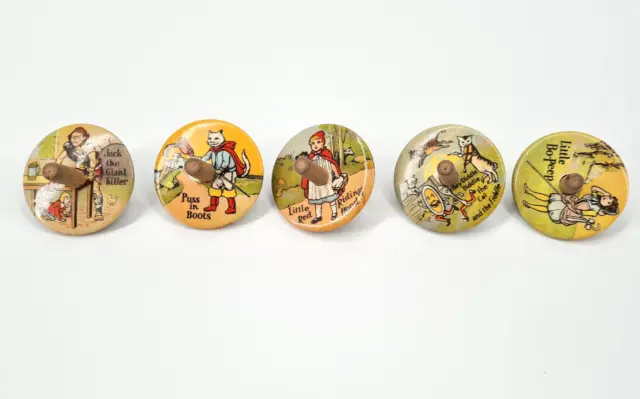 5 CELLULOID NURSERY RHYMES SPINNER TOPS -The series is complete.Toupies.Kreiseln
