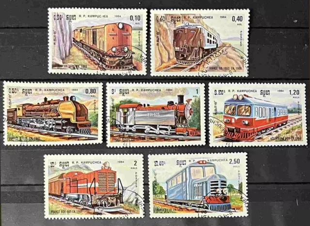 Locomotives Trains Railroad CTO Set of 7 Stamps 1984 Cambodia #504-510