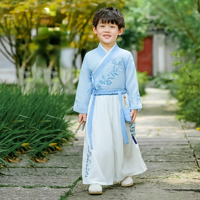 Bambini Ragazzi Hanfu Top Tuta E Pantaloni Ricamato con Lacci Bag Nappa Cinese A