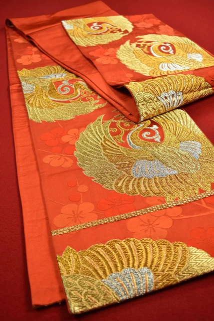 Vintage Japanese Kimono Fabric Silk FUKURO OBI Scarlet Woven Textile/A725/850
